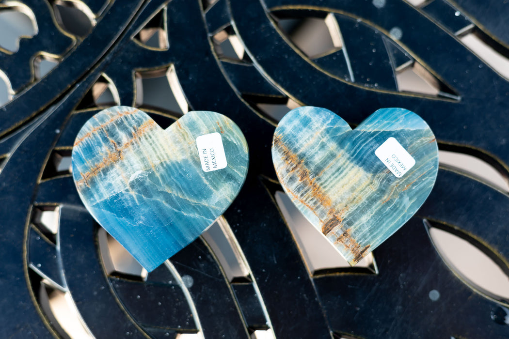 Blue Onyx Heart Carvings | Lumerian Aquatine Calcite Heart Carvings | YOU CHOOSE