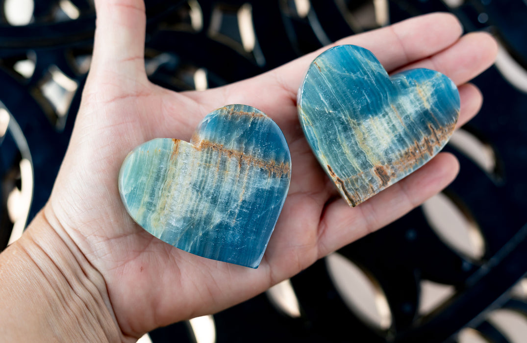Blue Onyx Heart Carvings | Lumerian Aquatine Calcite Heart Carvings | YOU CHOOSE