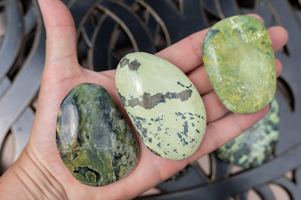 Serpentine and Pyrite Palm Stones from Peru | High Quality Serpentine Palm Stone | YOU CHOOSE