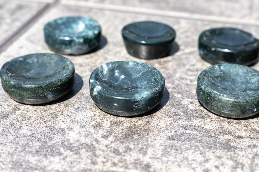 Moss Agate Bowls | Mini Crystal Bowls | Moss Agate Sphere Stands - YOU CHOOSE