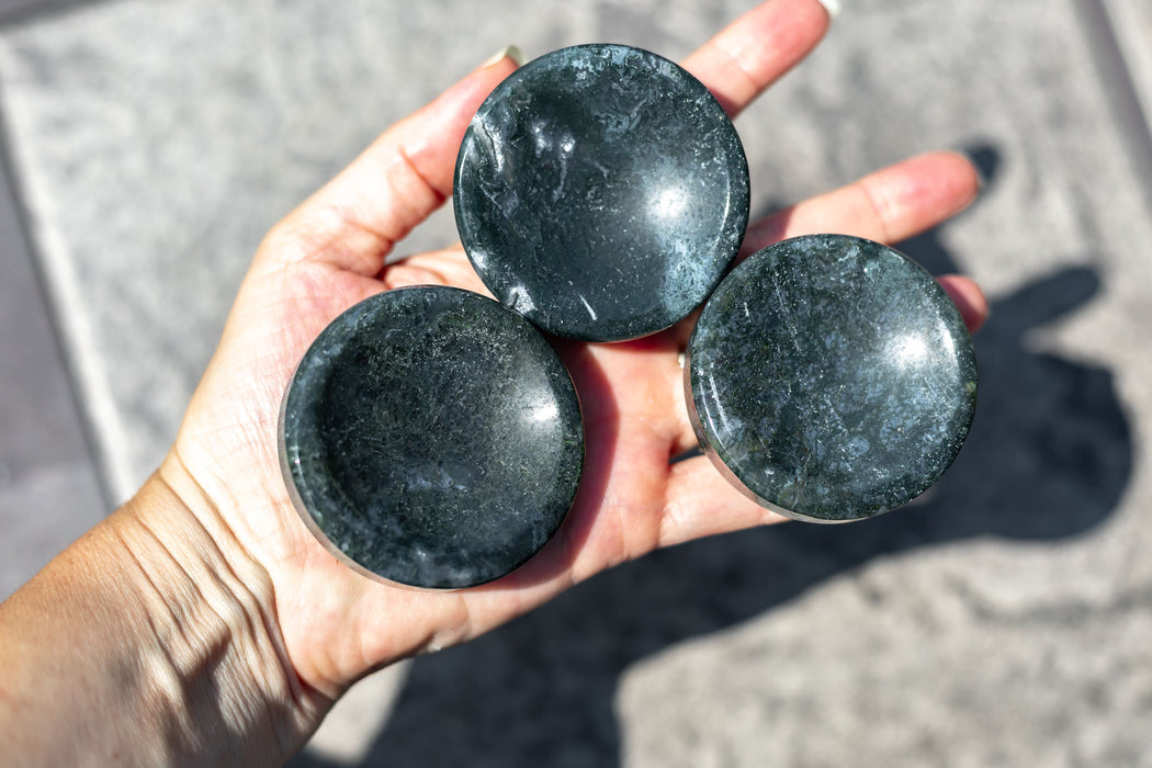 Moss Agate Bowls | Mini Crystal Bowls | Moss Agate Sphere Stands - YOU CHOOSE