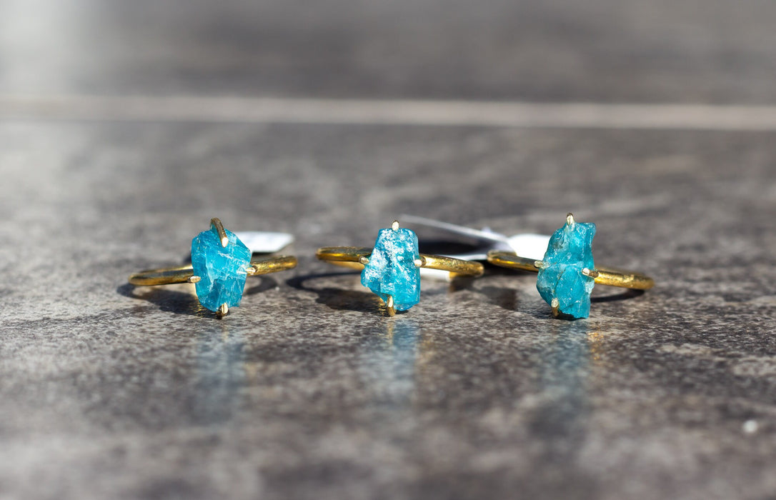 Blue Apatite Rings Size 7 | Rough Blue Apatite Ring on Gold Plated Silver Band | Raw Blue Apatite Ring | YOU CHOOSE