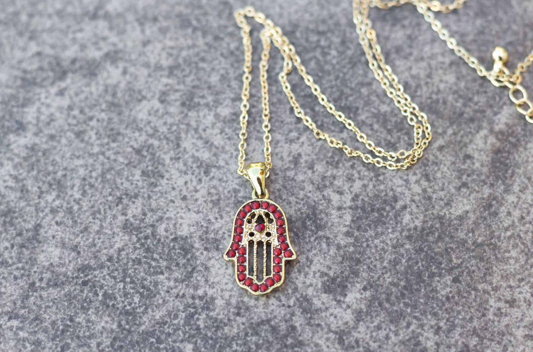 Hamsa Hand Necklace on Electroplated Gold Chain with Burgundy Red Accent Beads | Adjustable 18 to 20 inch chain