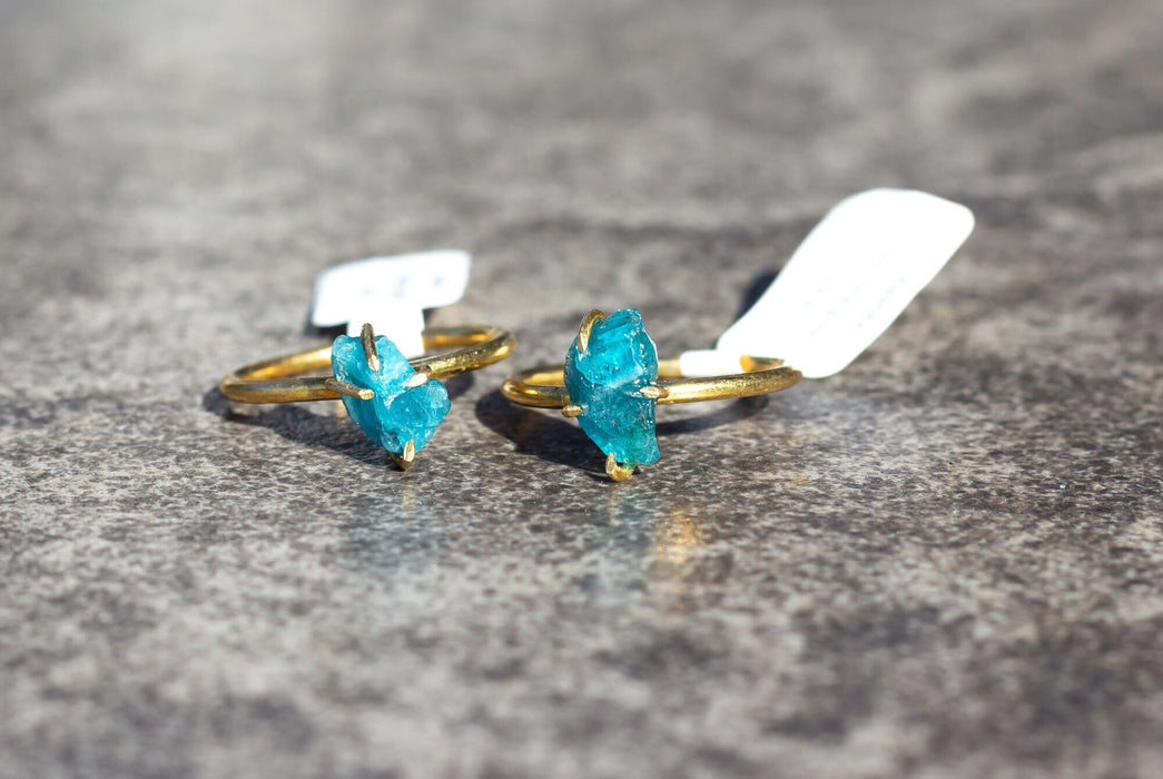 Blue Apatite Rings Size 8 | Rough Blue Apatite Ring on Gold Plated Silver Band | Raw Blue Apatite Ring | YOU CHOOSE