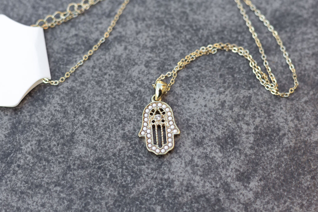 Hamsa Hand Necklace on Electroplated Gold Chain with White Accent Beads | Adjustable 18 to 20 inch chain