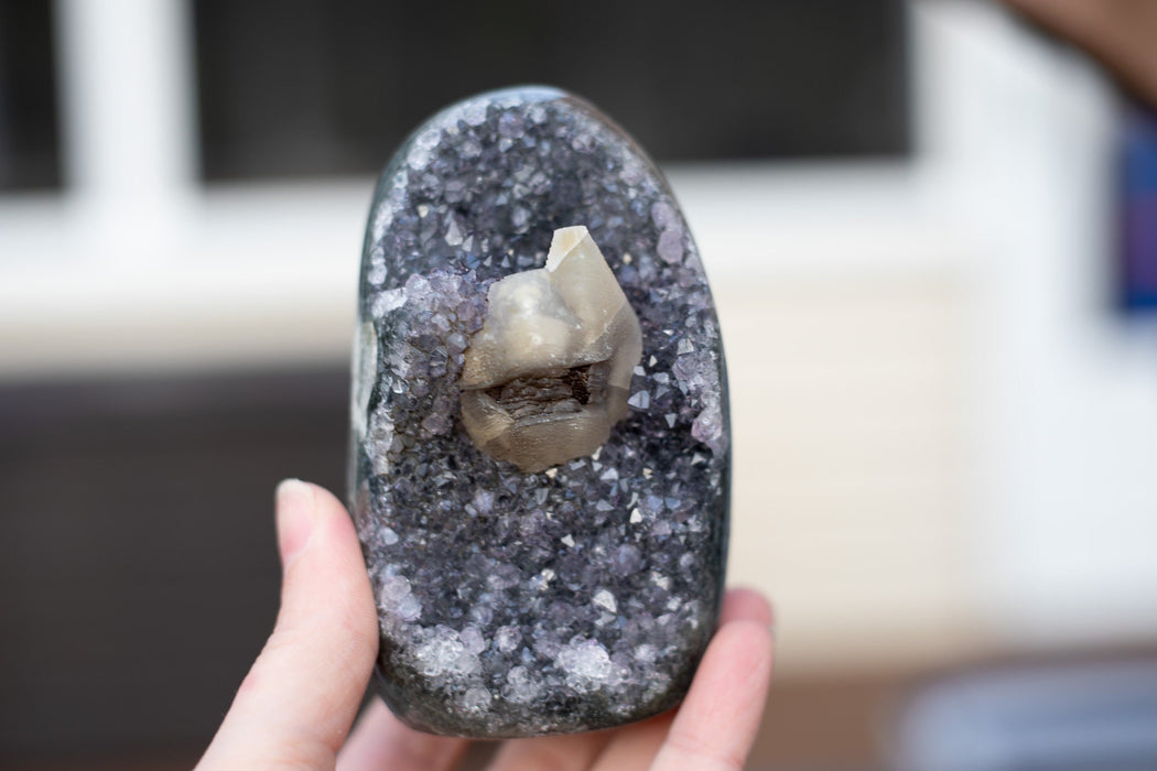 Stunning Uruguayan Black Amethyst with Calcite Geode | Black Amethyst Cut Base with Calcite from Uruguay